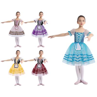 Kinder Mädchen Auftritt Tutu Kleid: Puffärmel Spitze Besatz Samt Patchwork Mieder Schnürung Schichtrock für Bühnenauftritt