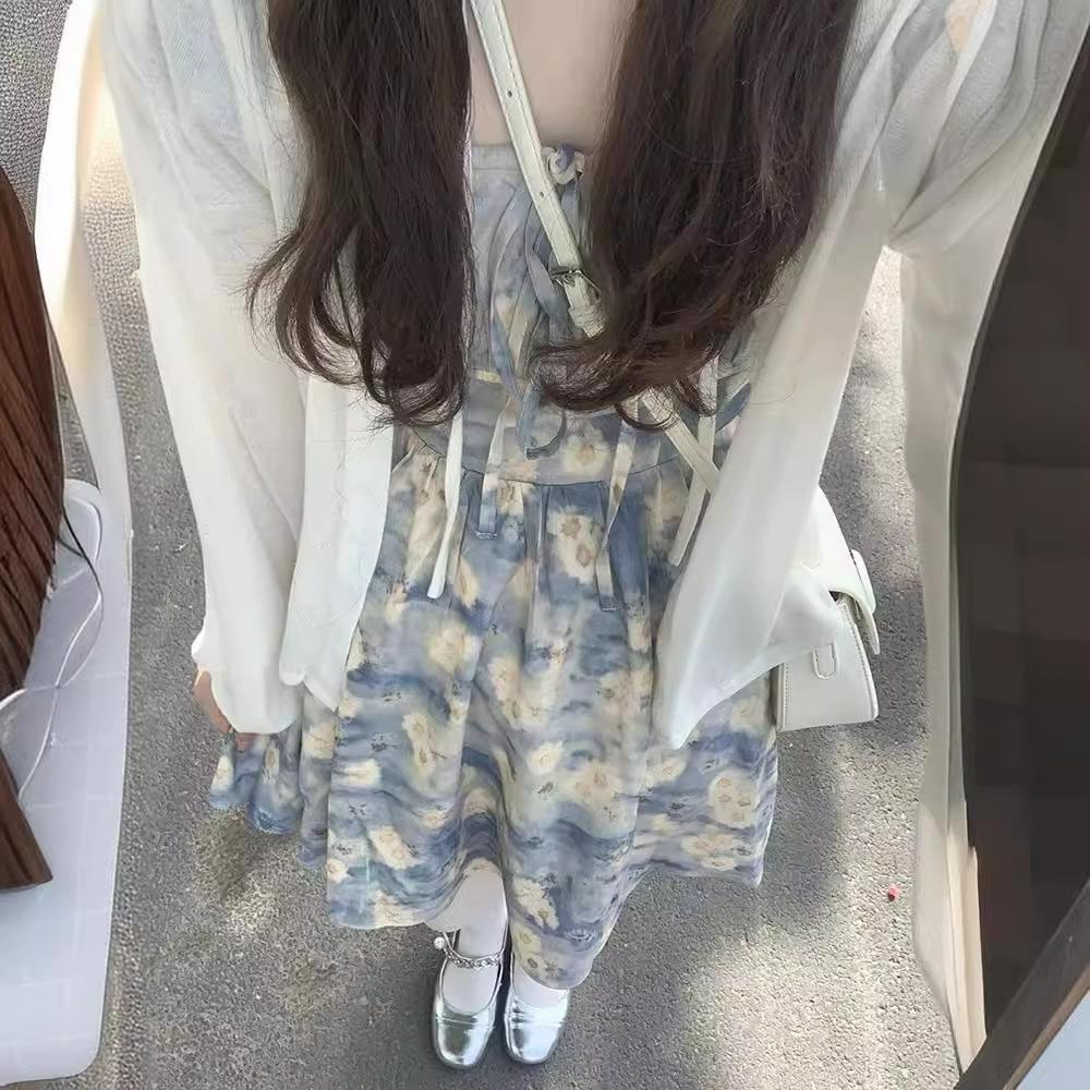 French Square Neck Puff Sleeve Floral Dress - Summer 2024 Waist-Slimming A-Line Skirt for Women