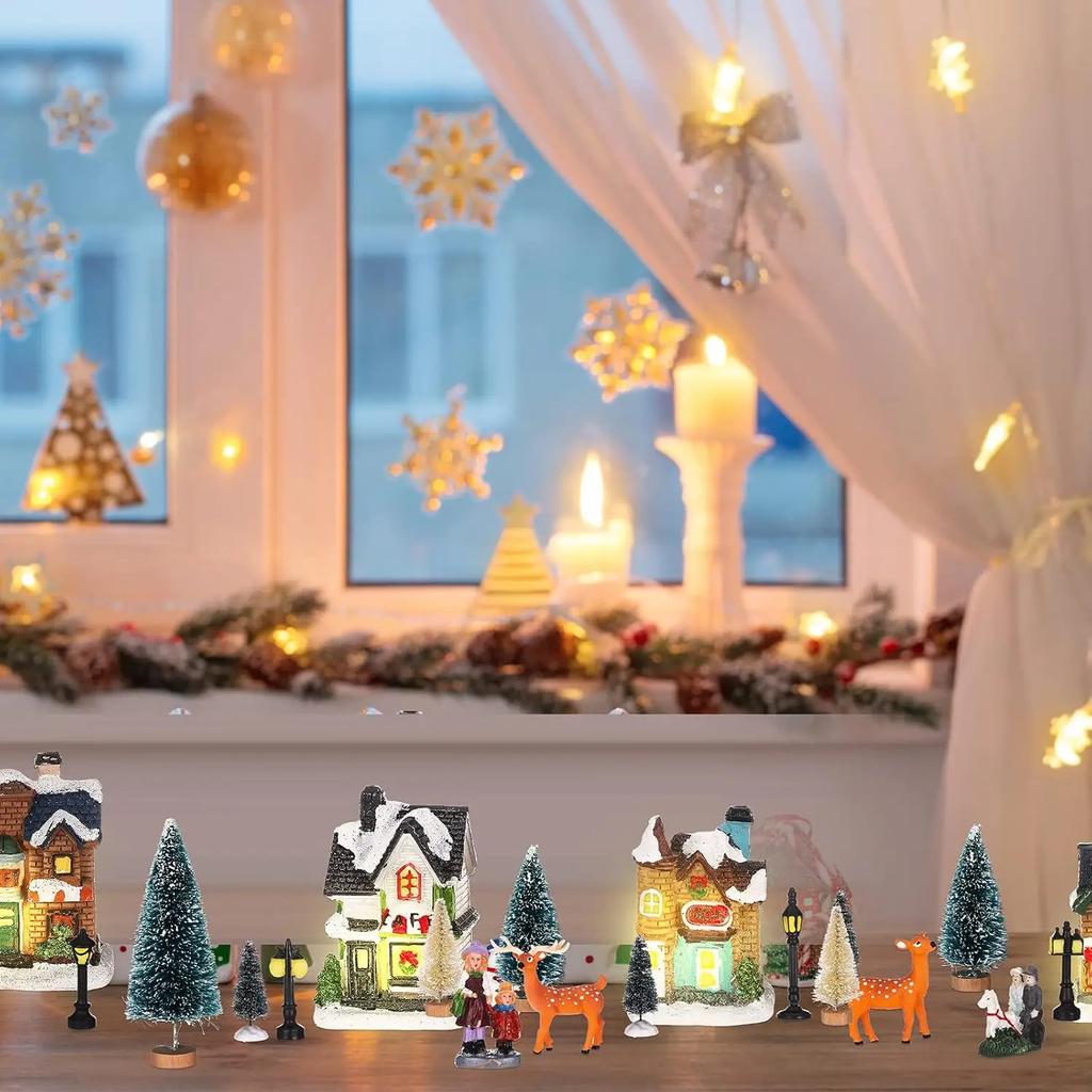 Holiday Landscape Decor Set Christmas Resin Miniature Houses with Light Up Village Collection for Tabletop Display