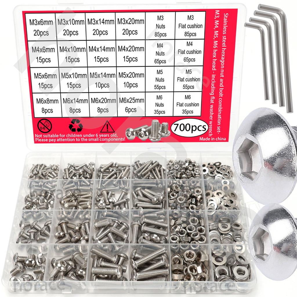 700 PCS Stainless Steel Hexagon Nut and Bolt Combo Set - Round Cup M3, M4, M5, M6 Hex Head - Round Head Bolt - Includes Flat Was