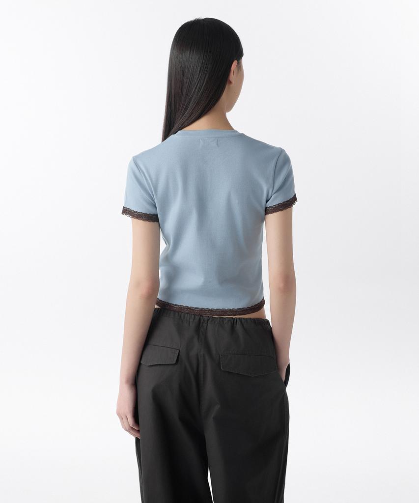 MUSINSA STANDARD WOMAN Women'S Slim Lace Trim T-Shirt [Cloudy Blue/Brown]