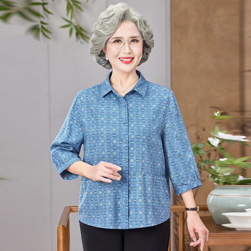 

Pure Cotton Summer Shirt: Loose-Fit, Lightweight, Seven-Sleeve Design for Middle-Aged and Elderly Women 4XL (145-160 lbs)
