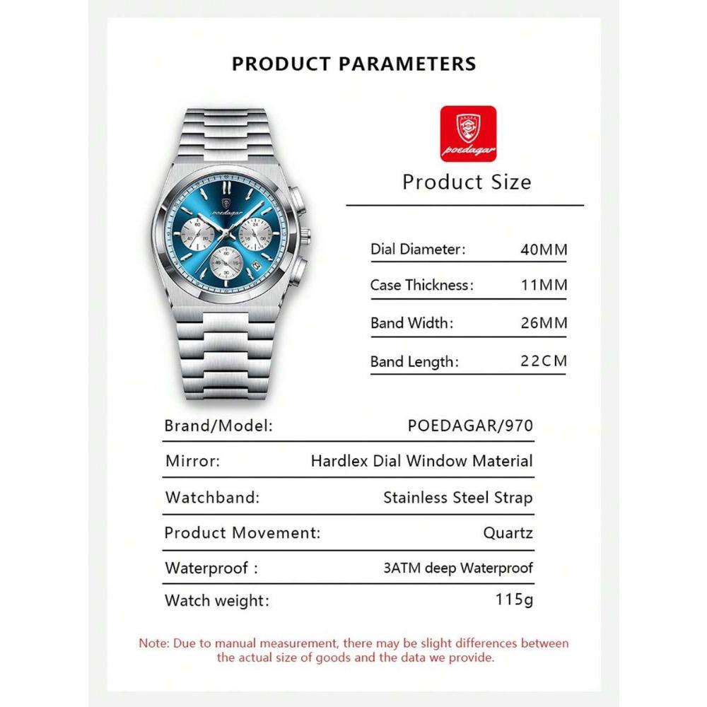 POEDAGAR 1pc Premium Men's Stainless Steel Quartz Calendar Chronograph Wristwatch, Business Waterproof Luminous Watch, Men's Gift