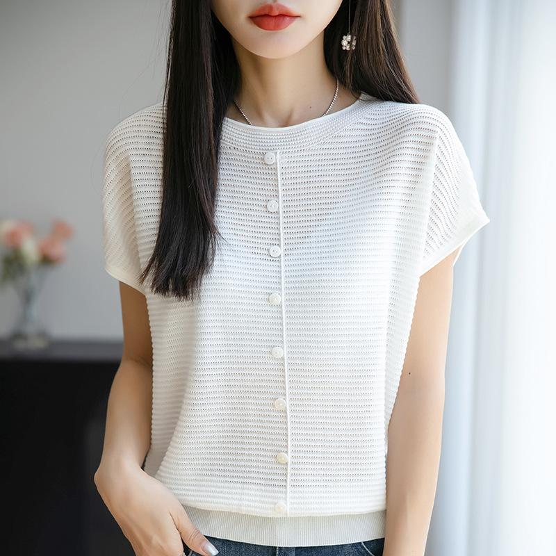 Sommar Ny Rund Hals Kortärmad Stickad Tröja T-shirt Topp och Baslager