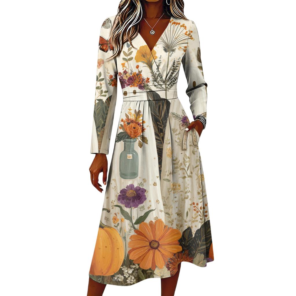 Women's Halloween Print Long Sleeve V-Neck Dress with Pockets for Casual Stylish Wear