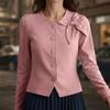 VONDA Women Elegant Bow Knot Buttons Up Long Sleeve Casual Thin Cropped Blouse Shirts