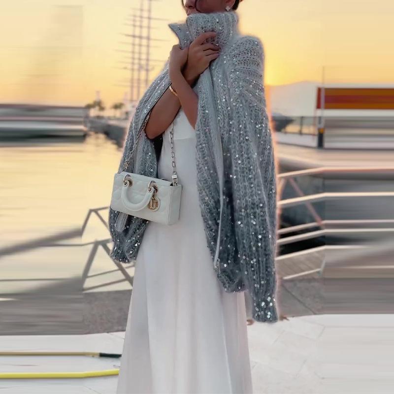 2023 podzimní/zimní evropská a americká flitrová volná svetrová bunda se stojacím límečkem pro ženy – útulný, tlustý cardigan styl