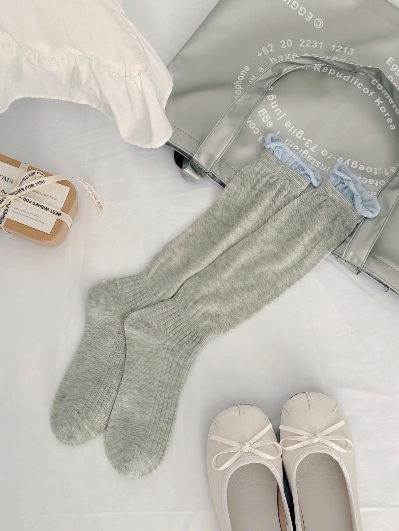 Spring/Summer Japanese Color Block Mulberry Silk Calf Socks Women s Sweet Ruffle Mesh Long Socks One Size светло-серый