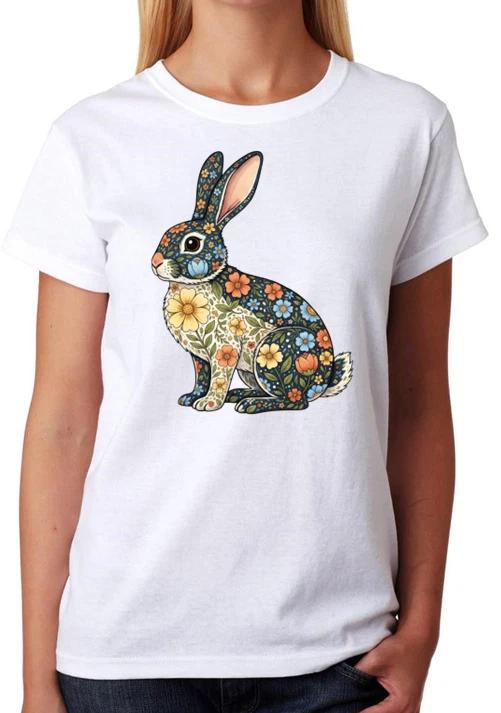 Floral Bunny Rabbit Artwork Ladies T-Shirt Cute Cottagecore Art Tee L