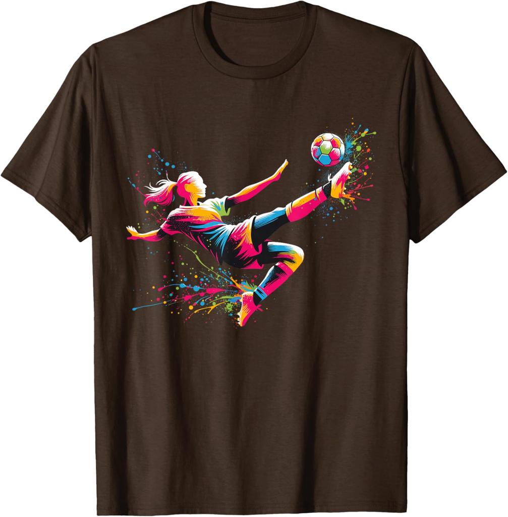 Colorful Splatter Soccer Player Kick Graphic Tee Breathable Cotton Daily Tshirt For Unisex