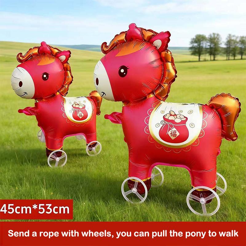 2026 Cartoon Animal Theme 3D Standing Cute Horse Aluminum Film Balloon With Wheels Children Birthday Party Photo Prop Decoration