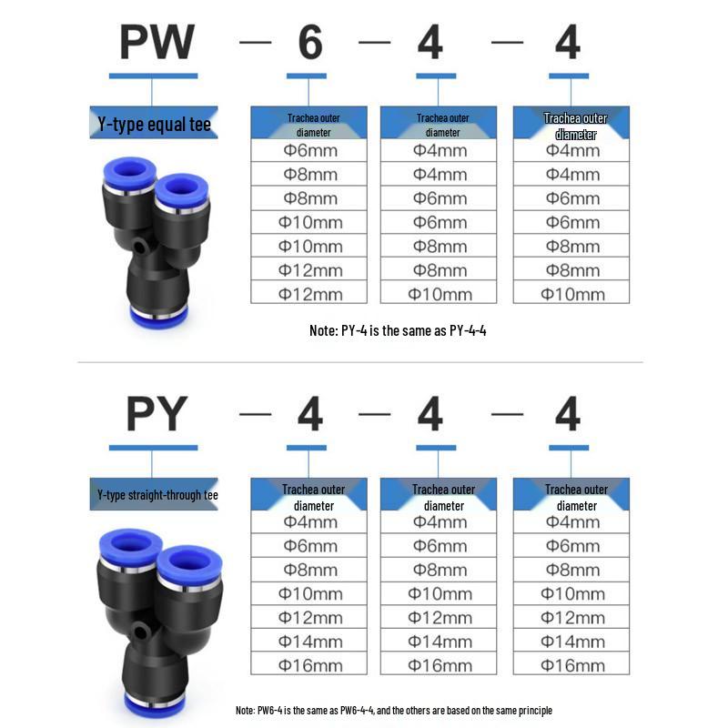 Y-Type Three-Way Pneumatic Air Tube Quick Connector, 4-5-10, PW12-6-6, Reducing Plug 16-8/14-12mm