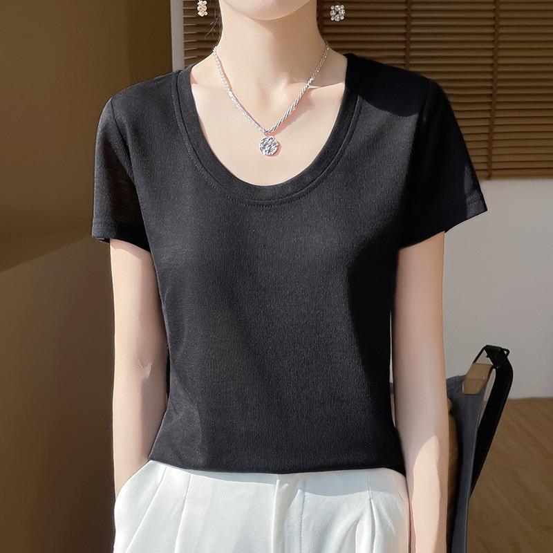 Women's Spring and Summer New Positive Shoulder Short T-shirt Fashion U Collar Slim Bottoming Shirt Thin Fashion Short-sleeved