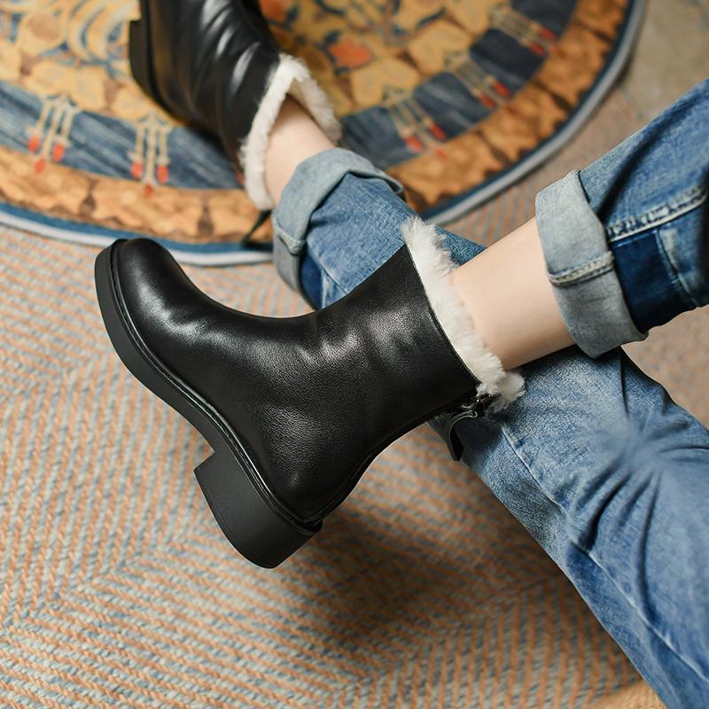 2024 Nya Äkta Läder Tjock Päls Snöstövlar Dam Vinterskor Rund Tå Dragkedja Fyrkantiga Låga Klackar Vardagsskor Dam Ankelstövlar
