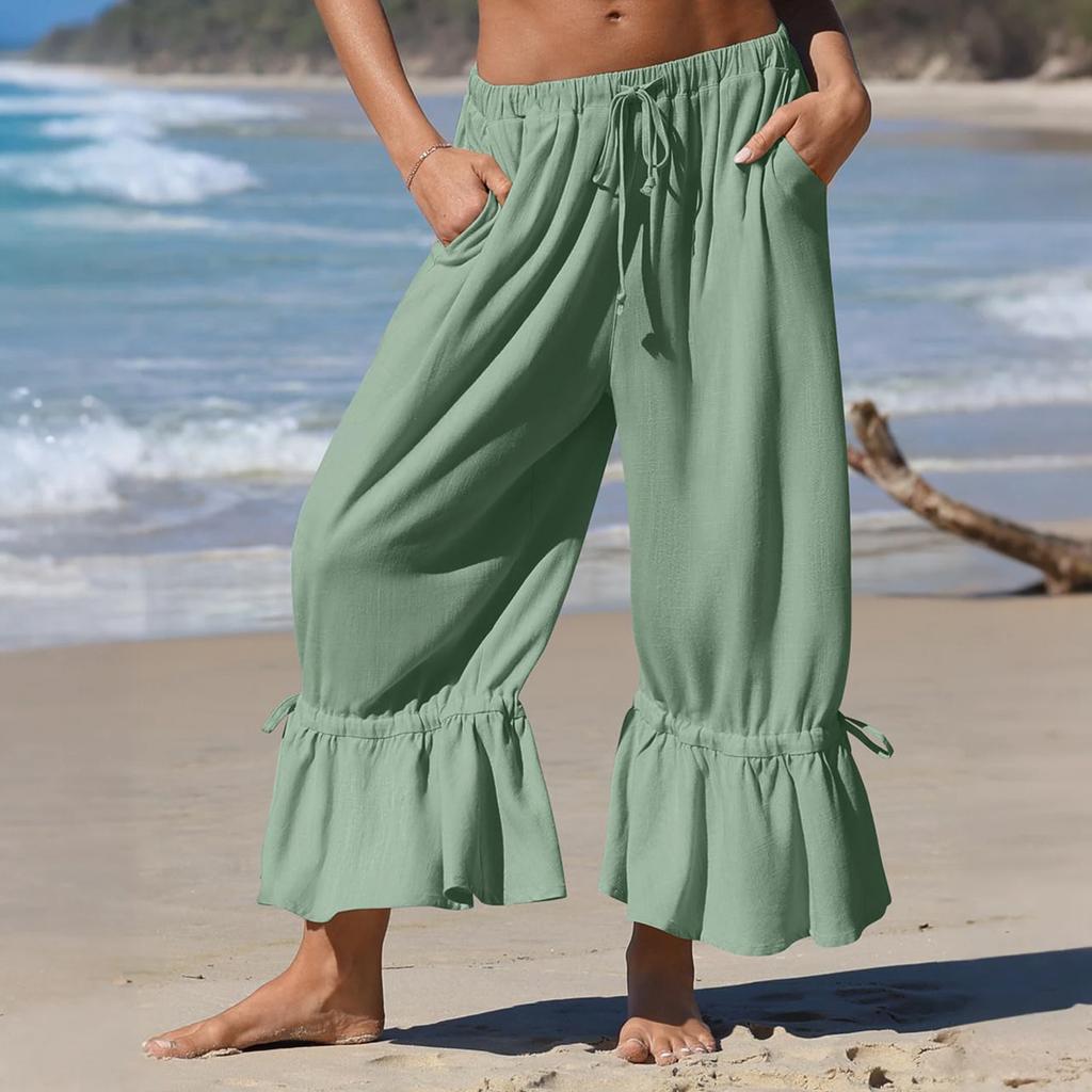 Damen Leinen Weite Cropped Hose mit gefaltetem Saum Kordelzug Taille Lockerer Sitz Lässige Hose für den Alltag