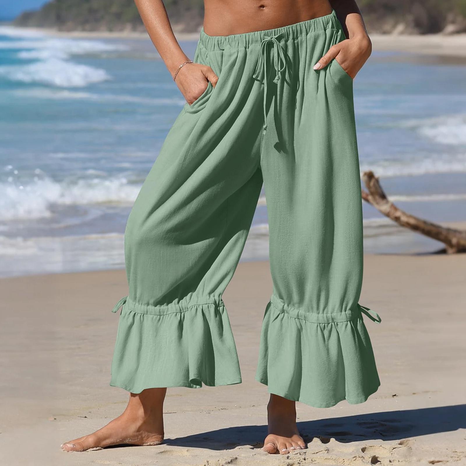 

Women s Linen Wide Leg Pants Casual Cropped Wrinkle Design Drawstring Waist Loose Fit Trousers Elastic Waistband Comfortable Fit M зелений