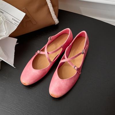 Vintage Mary Jane Schuhe mit gekreuzten Riemen Damen Ledereinzel Schuhe Frühling Nische Flachmund Flache Ballerina Oma Schuhe