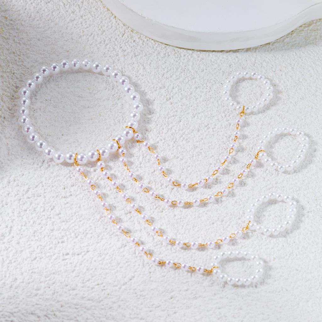 Fashion Imitation Pearl Connected Finger Ring Bracelets For Women Simulated Pearl Tassel Link Chain Bracelet Party Jewelry Gifts