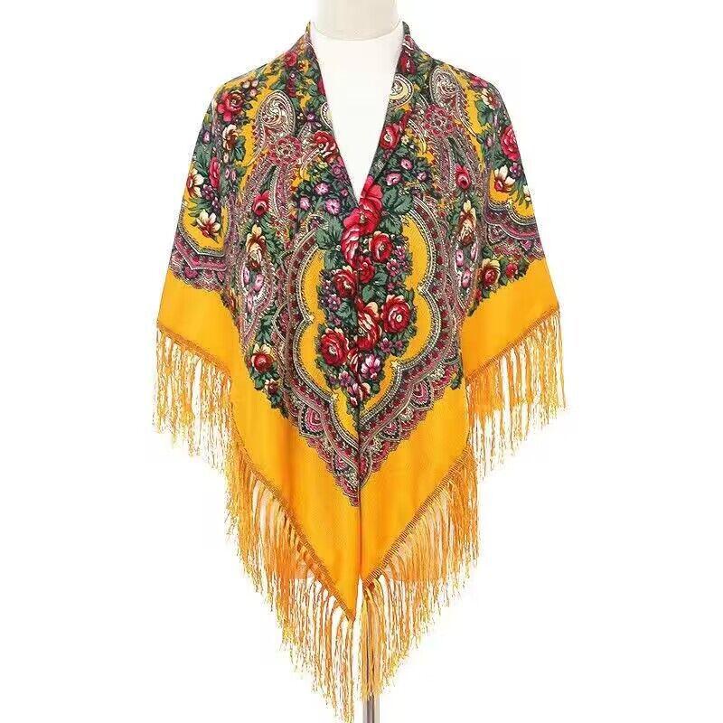 130*130cm Russian Style Floral Print Square Scarf Big Size Bandana Handkerchief Ukrainian Scarves Fringed Shawl Babushka Hijab