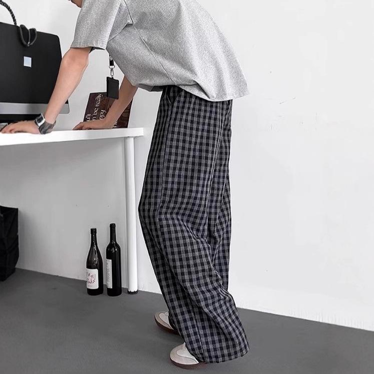 Plaid Pants Men's Loose Summer Can Be Worn Outside Mopping Long New Bf Lazy Men's Casual Pants Ice Silk Thin