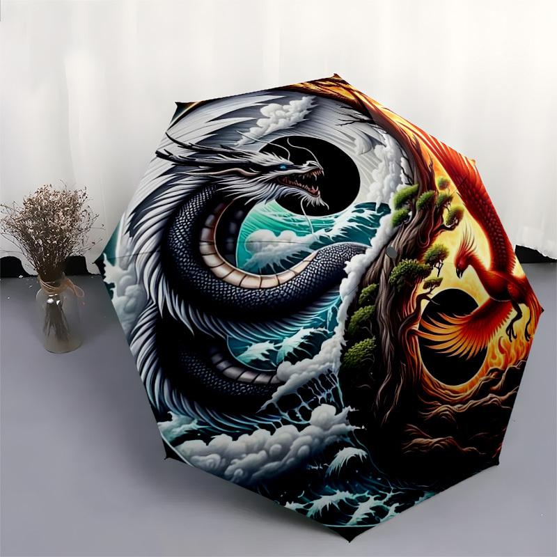 1pc Yin Yang Dragon Phoenix Symbol Umbrella with Plastic Handle,Suitable for All Seasons Home Travel Outdoor UmbrellaDD361