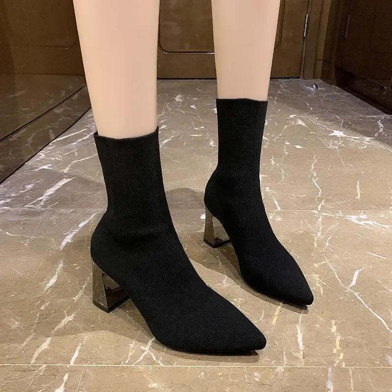 Fashion Booties Sock Black Woman Short Shoes Elastic Ankle Boots for Women Trend 2024 Large Size Warm Chic and Elegant Sale Autumn Pu 39