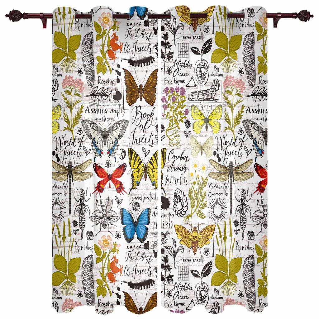 Insekten Blumen Pflanze Vintage Schmetterling Vorhänge für Schlafzimmer Wohnzimmer Vorhänge Küche Kinderzimmer Fenstervorhang Heimdeko