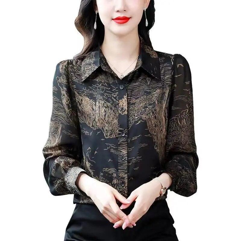 Spring Autumn New Print Chiffon Shirt Women's Long Sleeve Top Fashion Turn Dowar Collar Bottoming Blouse M-4XL