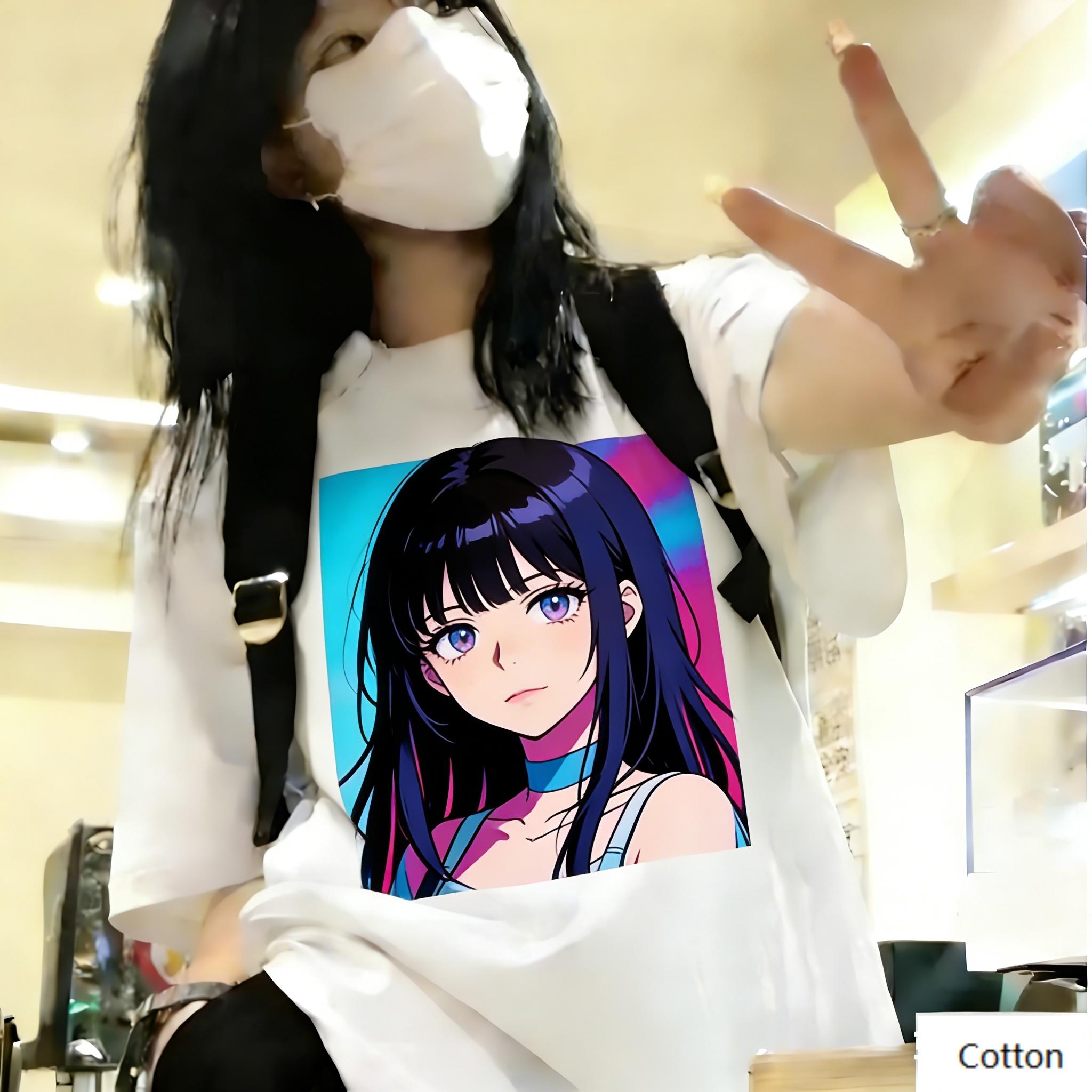 

Streetwear Unisex Cotton TShirt Featuring Edgy Blue Purple Anime Girl Design Cyber Pop Art Style Top for Trendy Individuals M