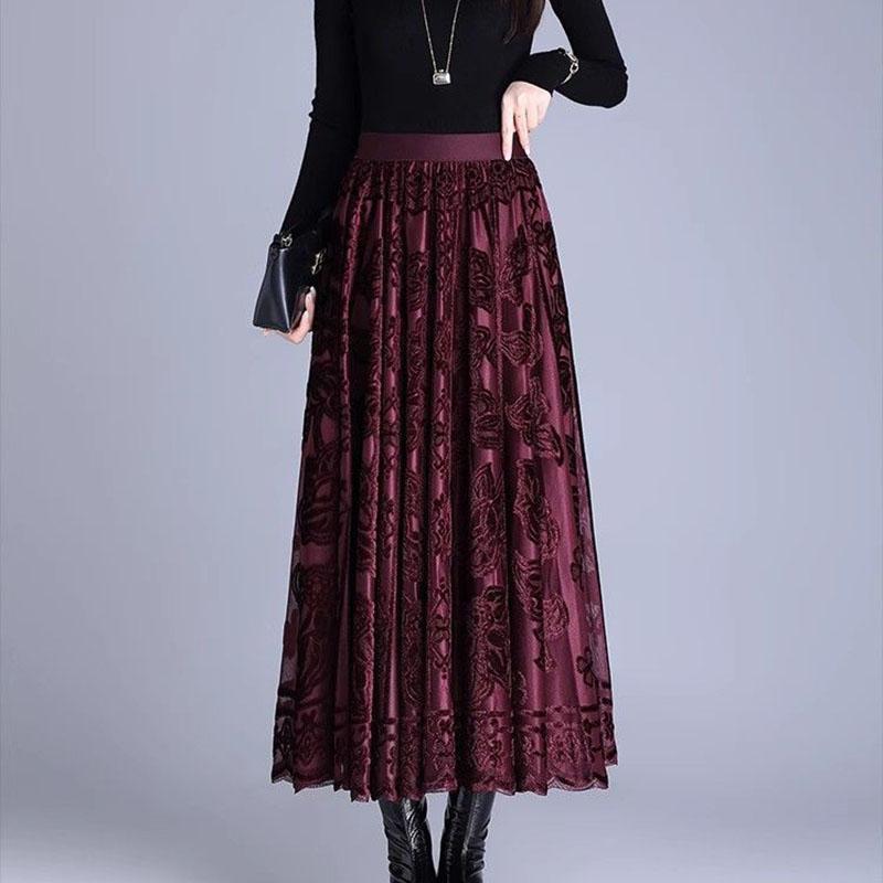 Women's Mesh Flocked Skirt Wide Flare High-Waisted Elastic Waist Gold Velvet Skirt A-line Pleated Skirt