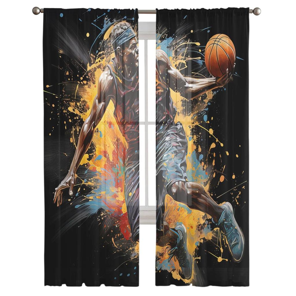 Sport-Stil, Sportler, Basketball, Tüllvorhänge für Wohnzimmer, durchsichtiger Vorhang für Schlafzimmer, Küche, Jalousien, Voile-Vorhänge