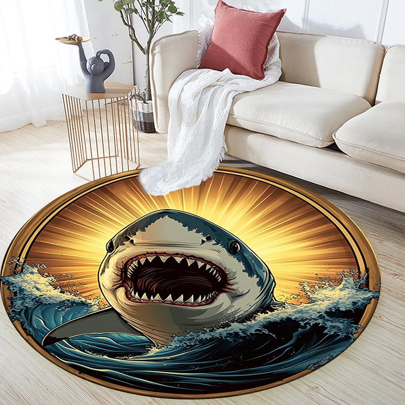 Great White Shark Round Area Rug,Carpet Rug for Living Room Bedroom Sofa Playroom Decor,Non-slip Floor Mat