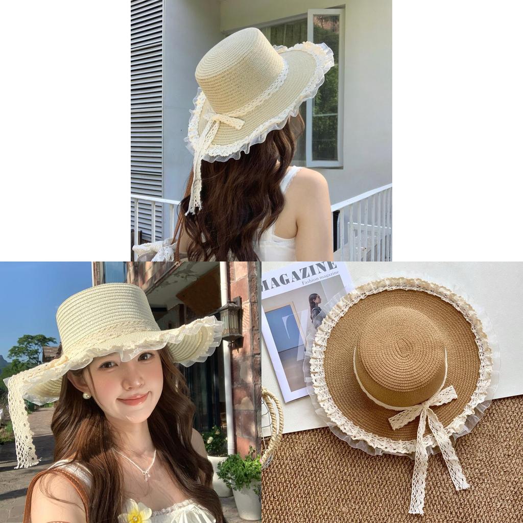 Summer Womens Sun Hat With Lace Ribbon Wide Brim Sun Protection Outdoor Beach Accessory