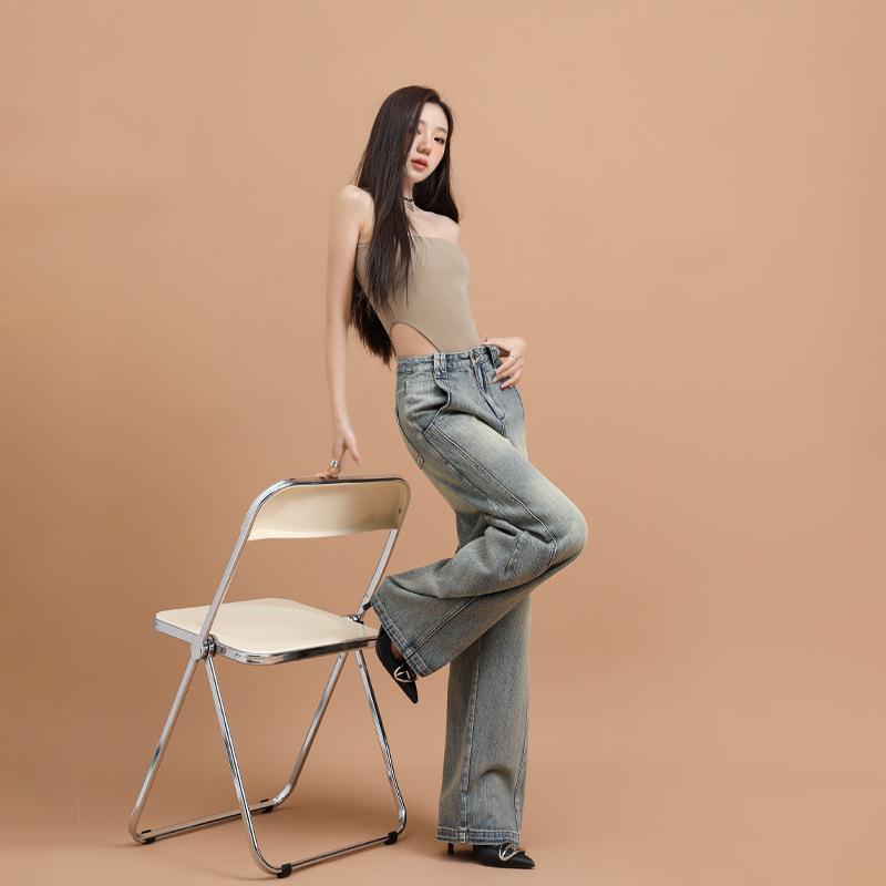 Vår Amerikansk Stil Parisblå Bambuknutmönster Nischdesignkänsla Sabelsbyxor Jeans Dam Slim Vida Ben