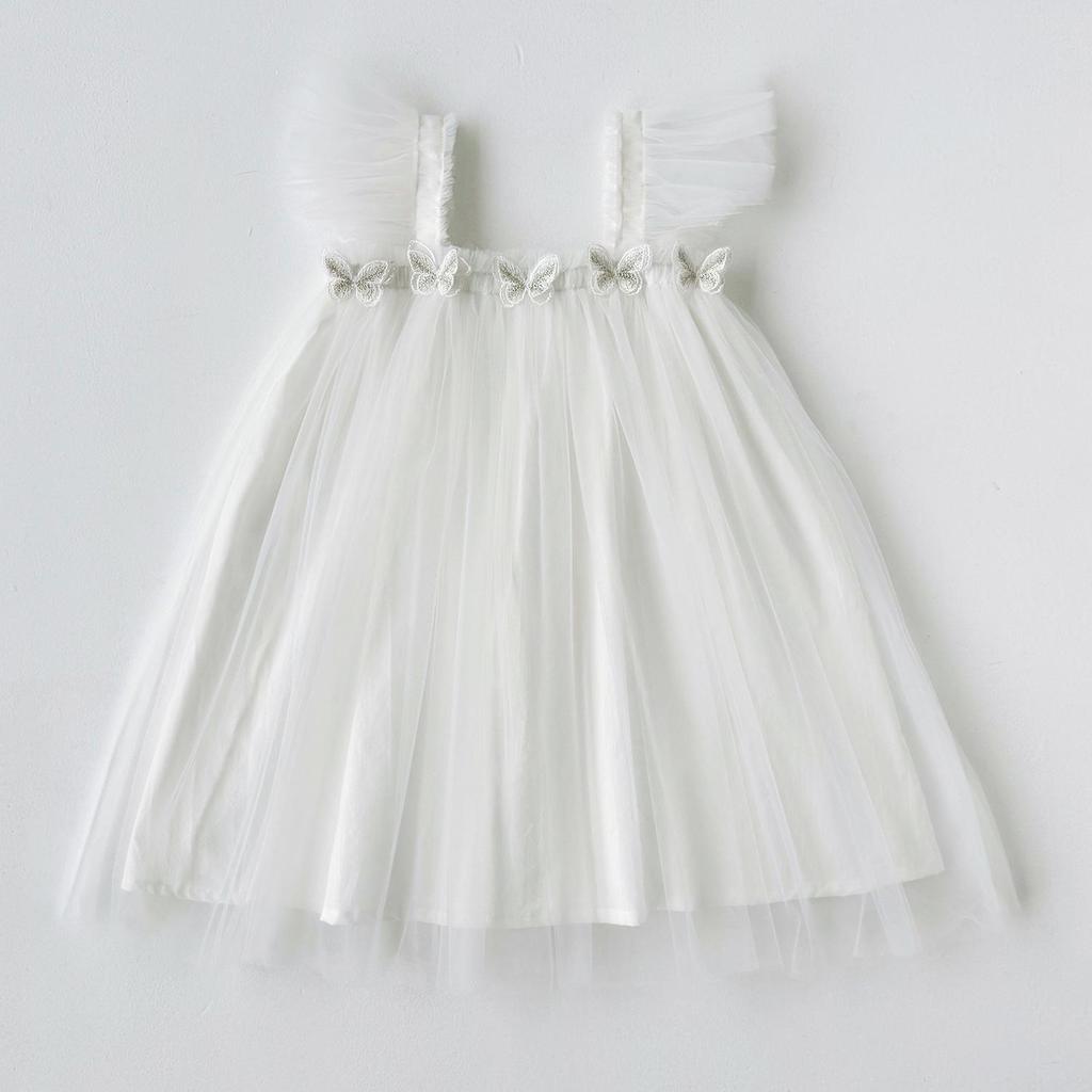 Double-Layer Butterfly Mesh Sweet Girl Strapless Fly-Sleeve Summer Puffy Princess Dress