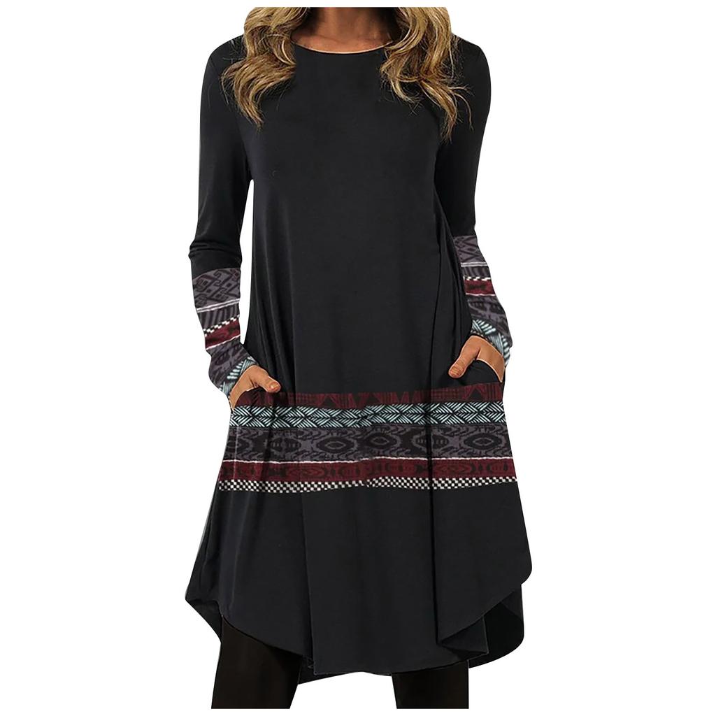 Women's Casual Fashion Spring And  Long Sleeve Round Neck Printed Dress