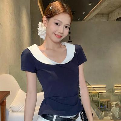 Women's Navy Blue & White Contrast Collar Short Sleeve Slim Fit T-shirt Casual Top