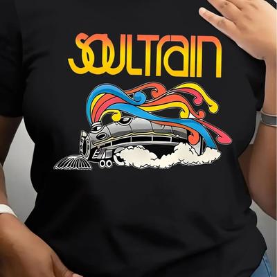 180gsm Soul Train Graphic Tee - Casual Crew Neck Short Sleeve T-Shirt, 95% Polyester 5% Elastane, All-Season Top, Regular Length