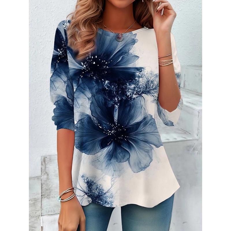 Women's T shirt Long Sleeve Crew Neck Long Sleeve Tunic Floral Graphic Plants Casual Round Neck Regular Tops