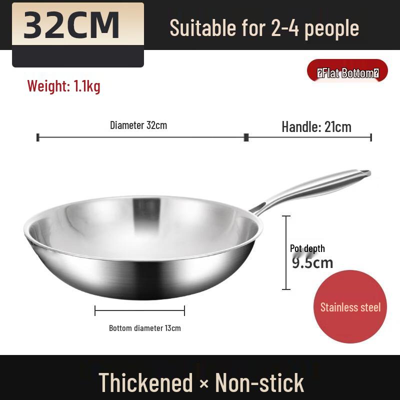 ZISIZ 32CM Flat Bottom Non-stick Wok