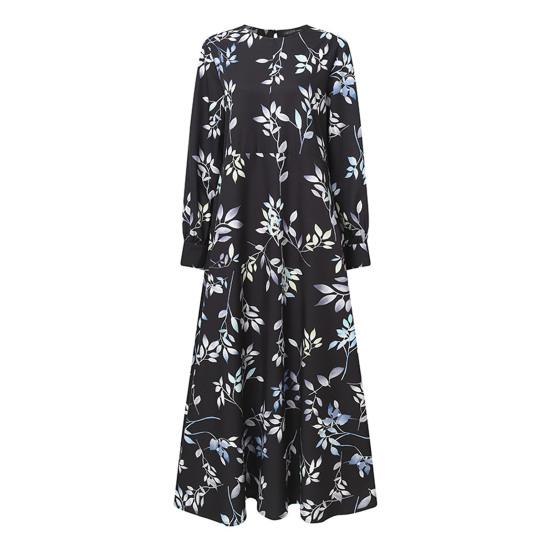 Women Vintage Long Dress Summer O Neck Long Sleeves Swing Dress Loose Fit Leaf Print Long Sleeves Casual Beach Vacation Maxi Dress
