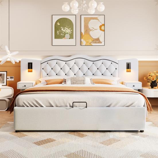 180x200cm Flat Bed, Upholstered Bed, Integrated Headboard, Hydraulic Lifting Mechanism, USB Connection, Two Bedside Lamps, Large Storage Space, Grey,