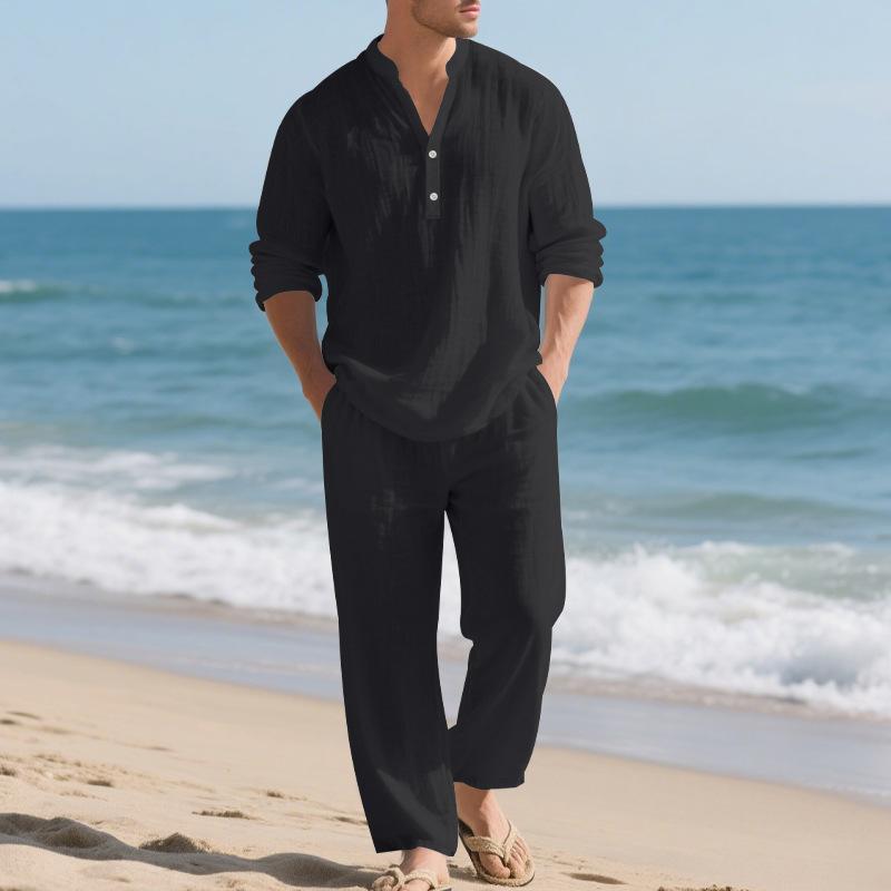 Men Loose Casual Breathable V Neck Long Sleeve Henley Shirt And Long Pants Set