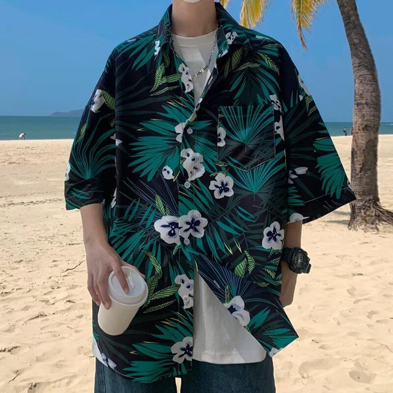 

Летняя мужская уличная мода с рисунком зеленых листьев, гавайская рубашка, корейский стиль, пляжные рубашки с короткими рукавами и цветочным принтом, топы для отдыха на море