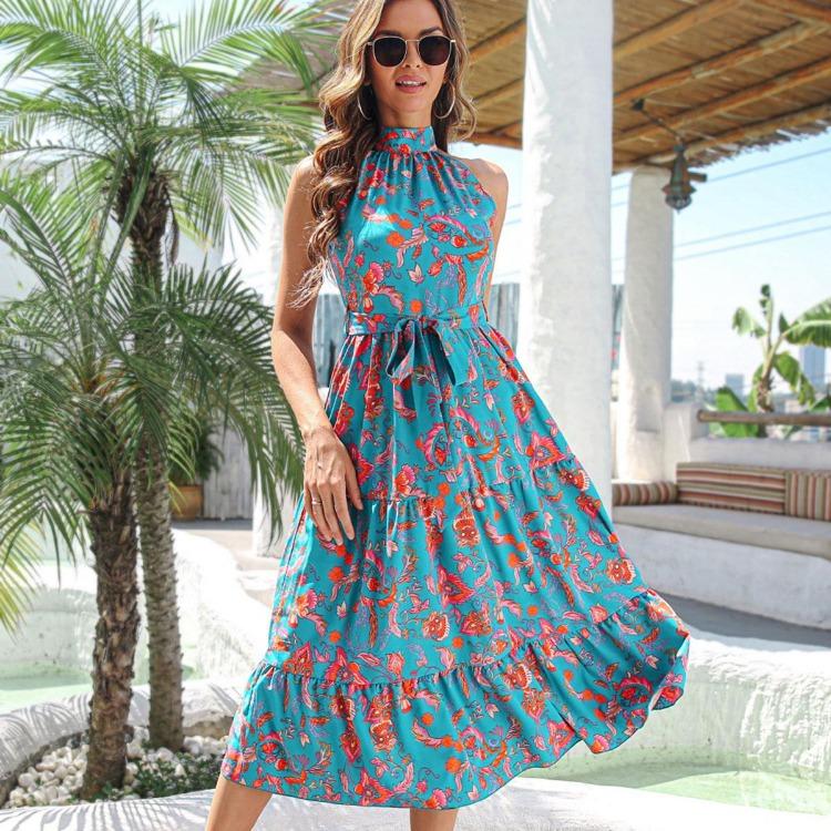 Vintage Halter Sleeveless Long Dress Women Lace Up Strap Print Spring Summer Holiday S-XL