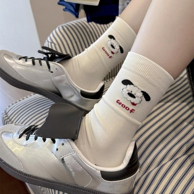 

Бесшовные и милые носки до середины икры с вышивкой в виде щенков и флокированием, носки с двойной расклешенной полосатой тканевой этикеткой, из чистого хлопка для женщин 1 pair