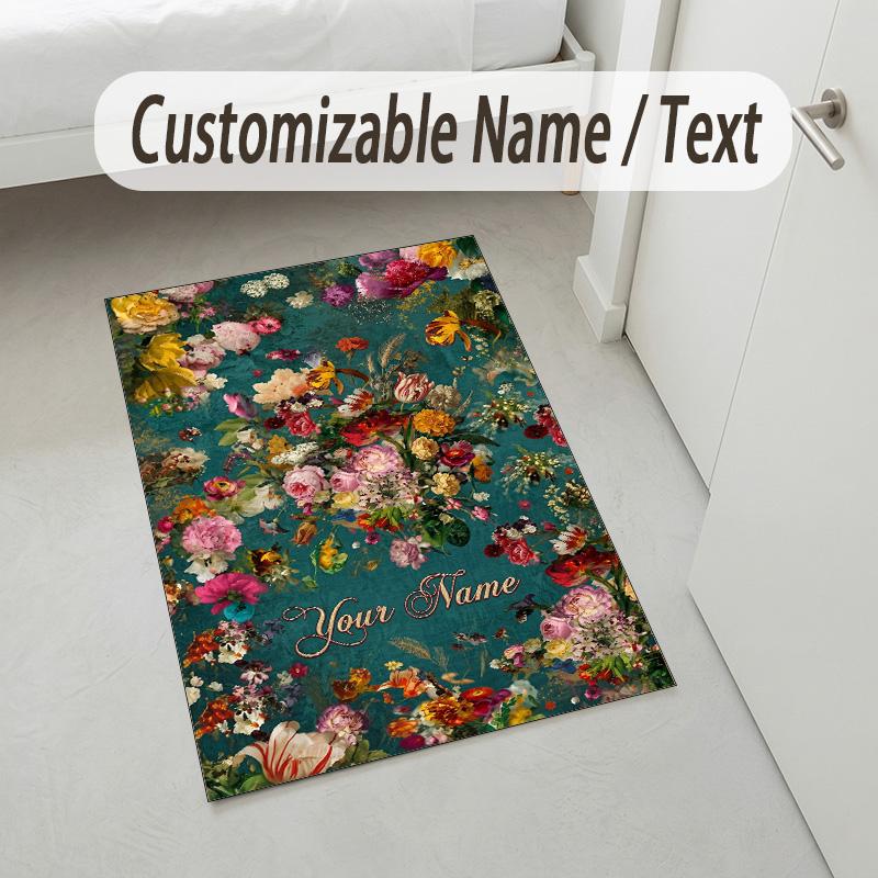 Floral Garden Theme Crystal Velvet Rug Personalized Custom Name Text Soft Floor Mat Home Decor