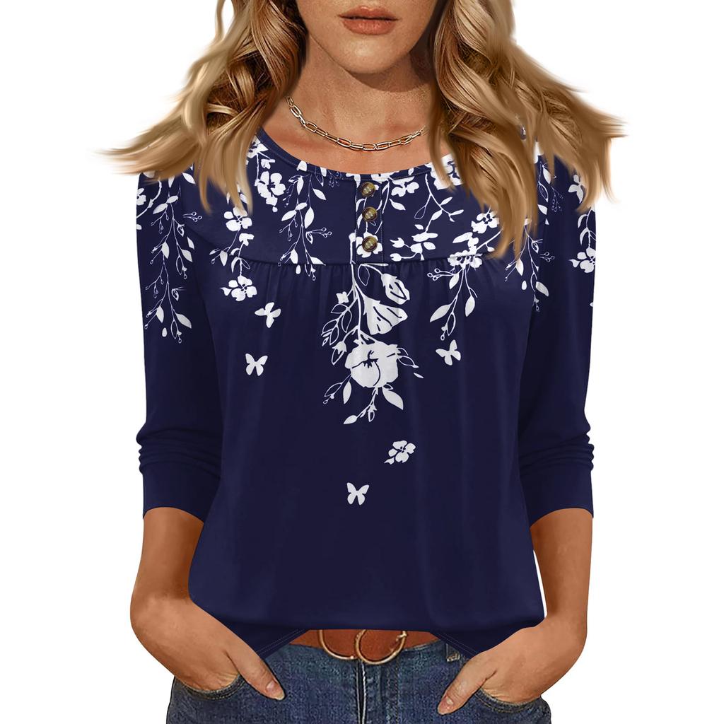 Women's Fashionable Casual Floral Print Three-quarter Sleeve Top