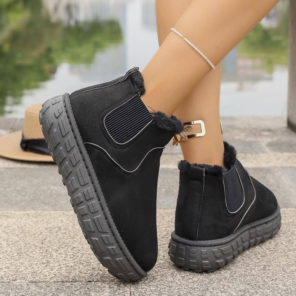 New Autumn and Winter Snow Boots Women's Warm Solid Color Large Size Elastic with Thick Soles and Non-slip Short Cotton Shoes