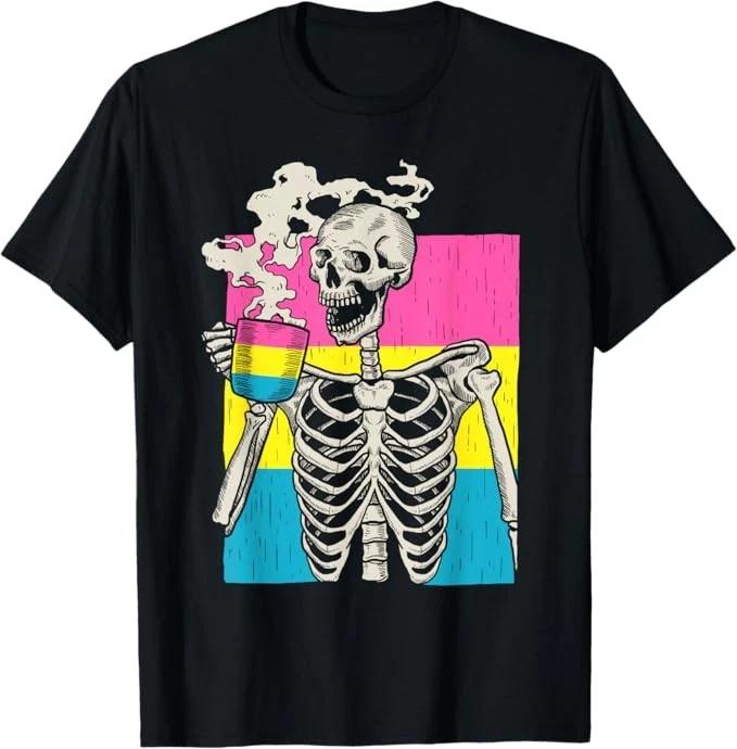Skeleton Drinking Coffee LGBT-Q Pansexual Pride Pan Flag T-Shirt Size S-4XL